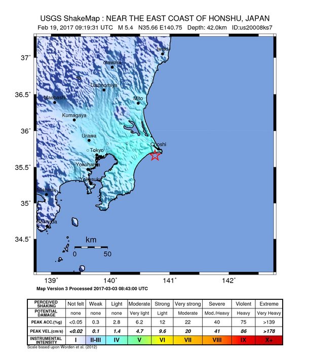 USGS ShakeMap: estimated shaking intensity around the epicenter