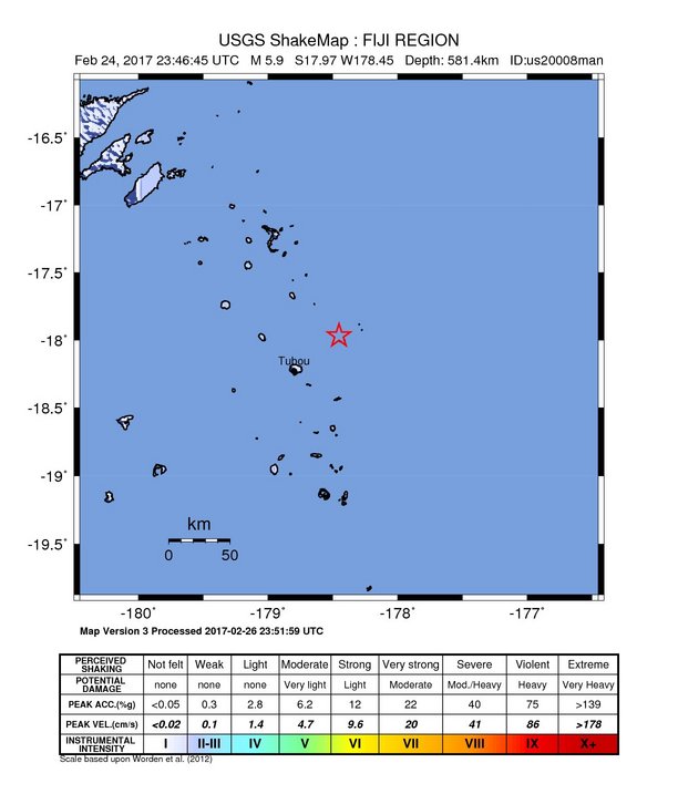 USGS ShakeMap: estimated shaking intensity around the epicenter