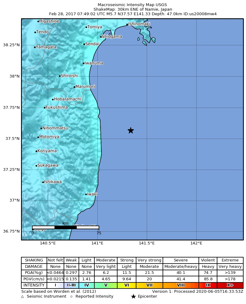 USGS ShakeMap: estimated shaking intensity around the epicenter