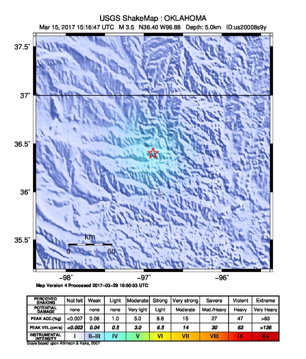 USGS ShakeMap: estimated shaking intensity around the epicenter