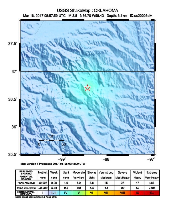 USGS ShakeMap: estimated shaking intensity around the epicenter