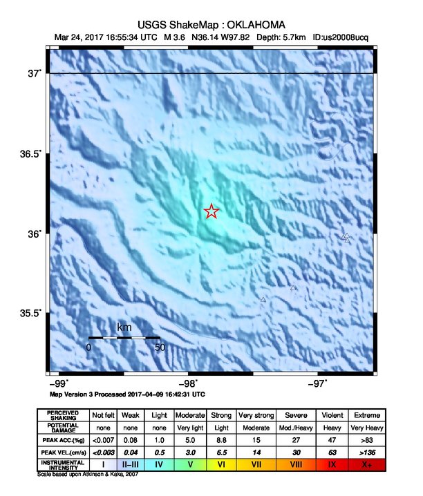 USGS ShakeMap: estimated shaking intensity around the epicenter