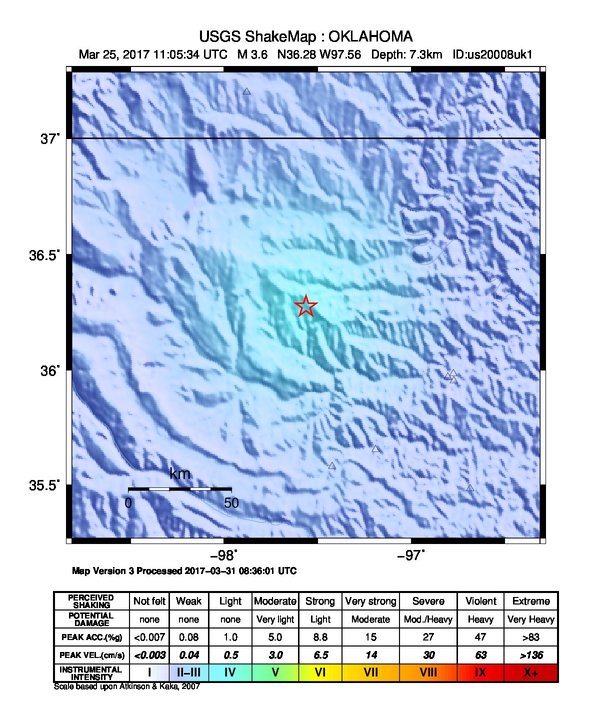 USGS ShakeMap: estimated shaking intensity around the epicenter