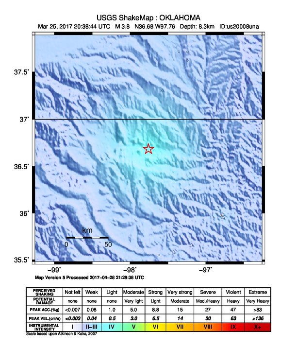 USGS ShakeMap: estimated shaking intensity around the epicenter