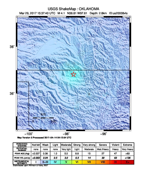 USGS ShakeMap: estimated shaking intensity around the epicenter