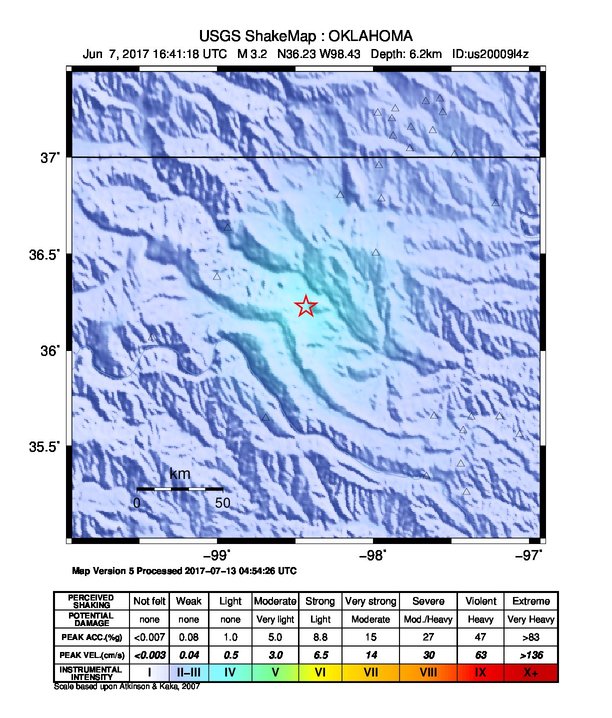USGS ShakeMap: estimated shaking intensity around the epicenter