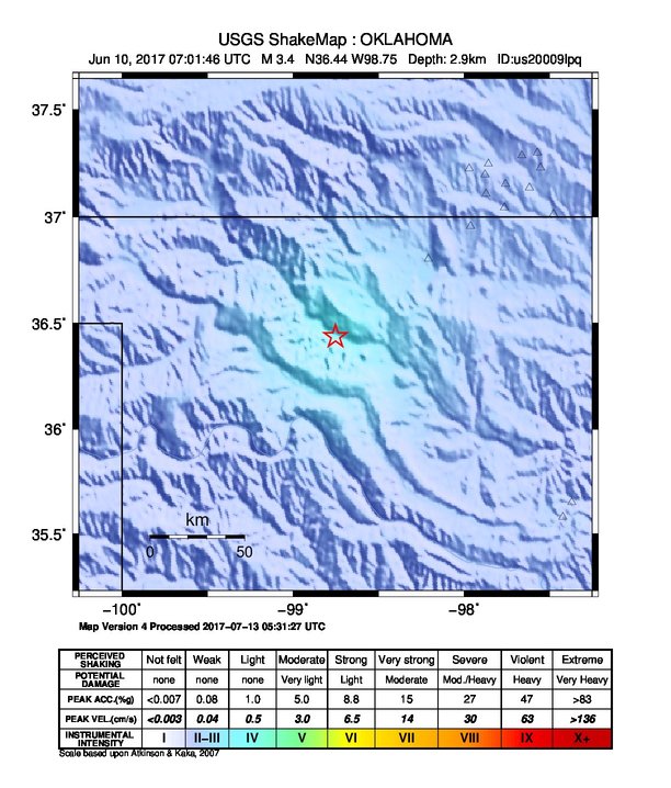 USGS ShakeMap: estimated shaking intensity around the epicenter