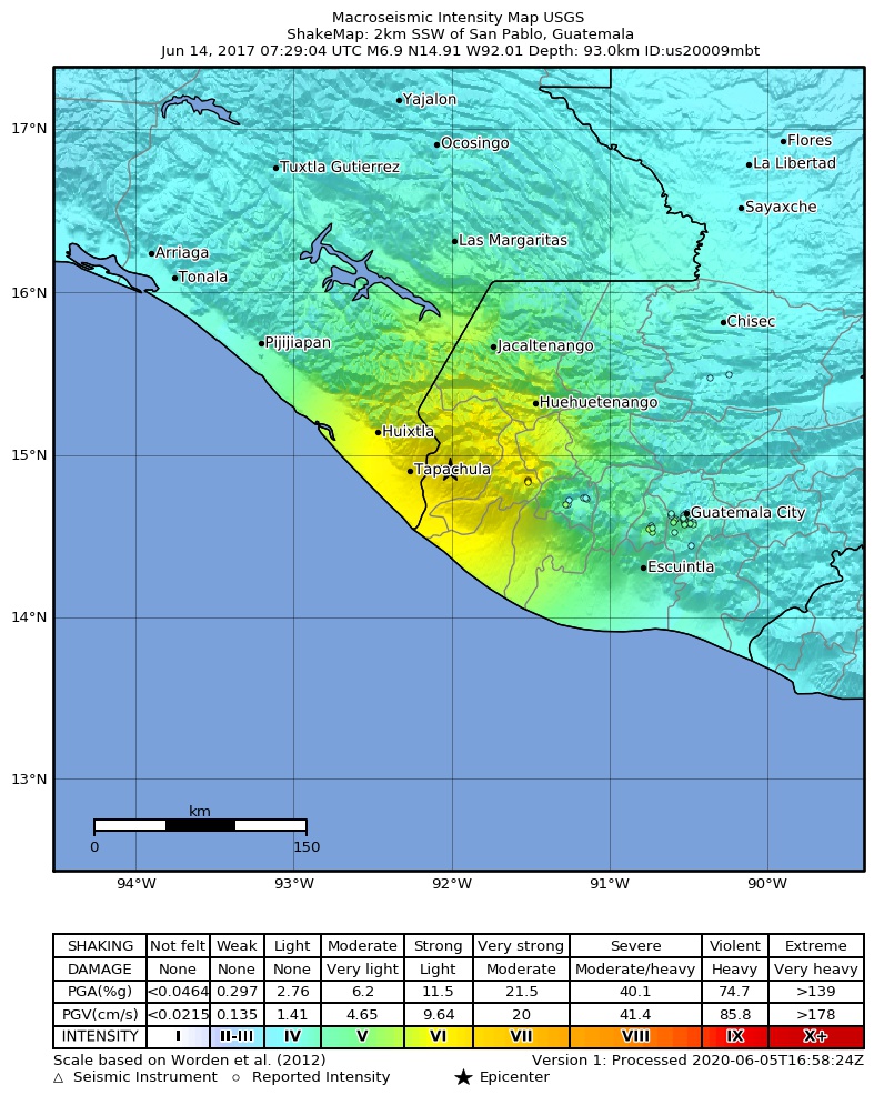 USGS ShakeMap: estimated shaking intensity around the epicenter