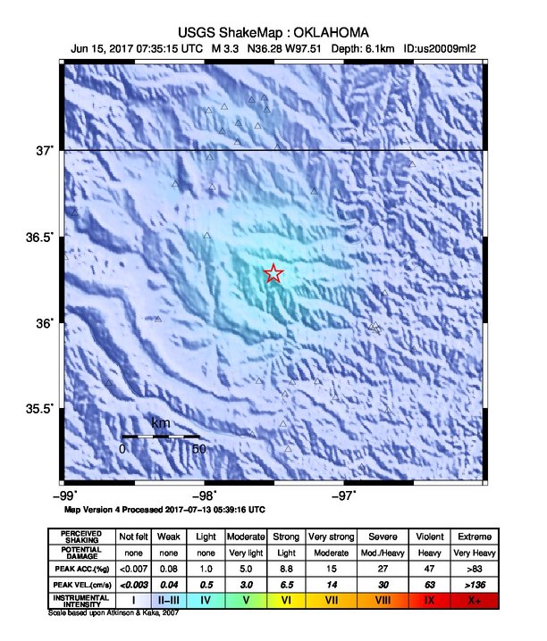 USGS ShakeMap: estimated shaking intensity around the epicenter