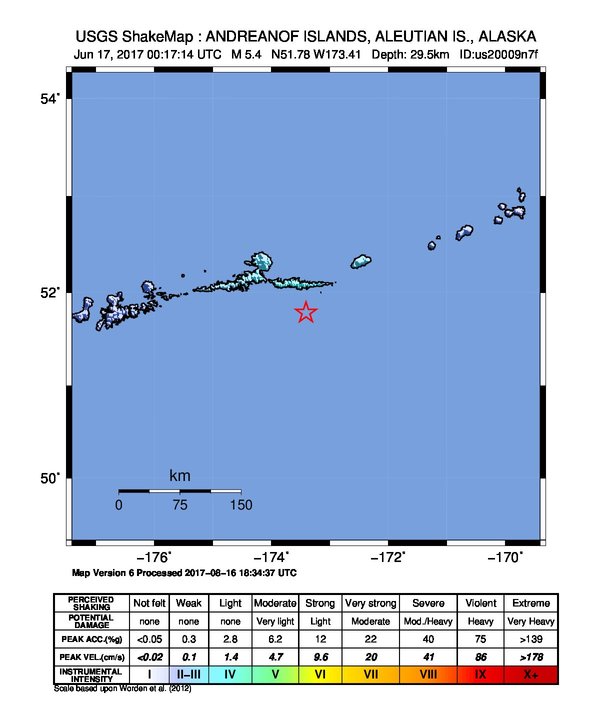 USGS ShakeMap: estimated shaking intensity around the epicenter