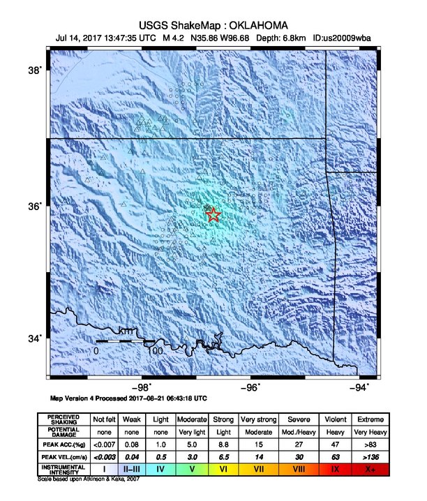 USGS ShakeMap: estimated shaking intensity around the epicenter