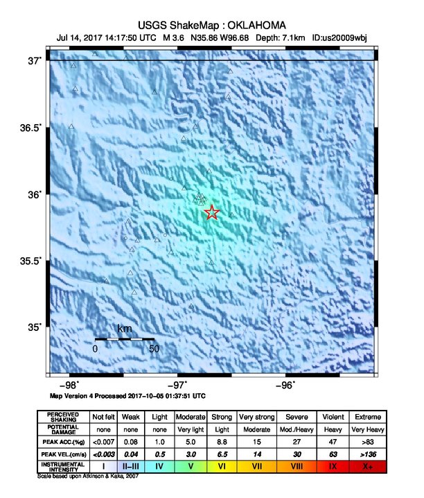 USGS ShakeMap: estimated shaking intensity around the epicenter