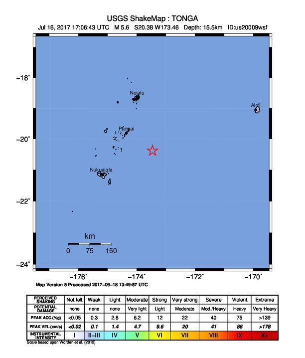 USGS ShakeMap: estimated shaking intensity around the epicenter