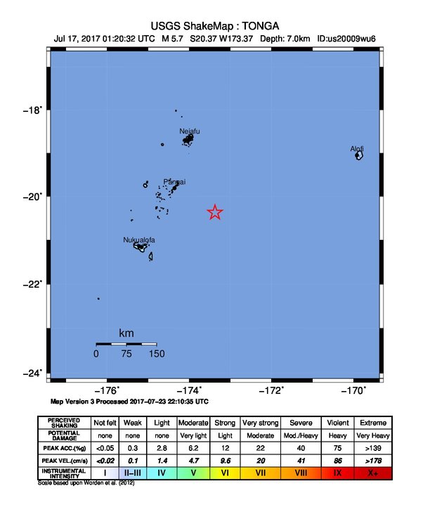 USGS ShakeMap: estimated shaking intensity around the epicenter