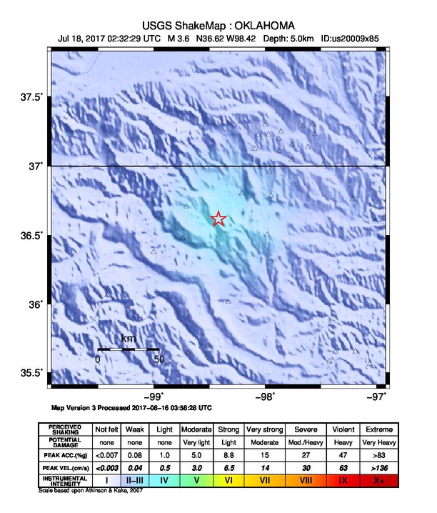 USGS ShakeMap: estimated shaking intensity around the epicenter