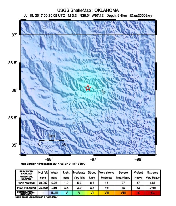 USGS ShakeMap: estimated shaking intensity around the epicenter