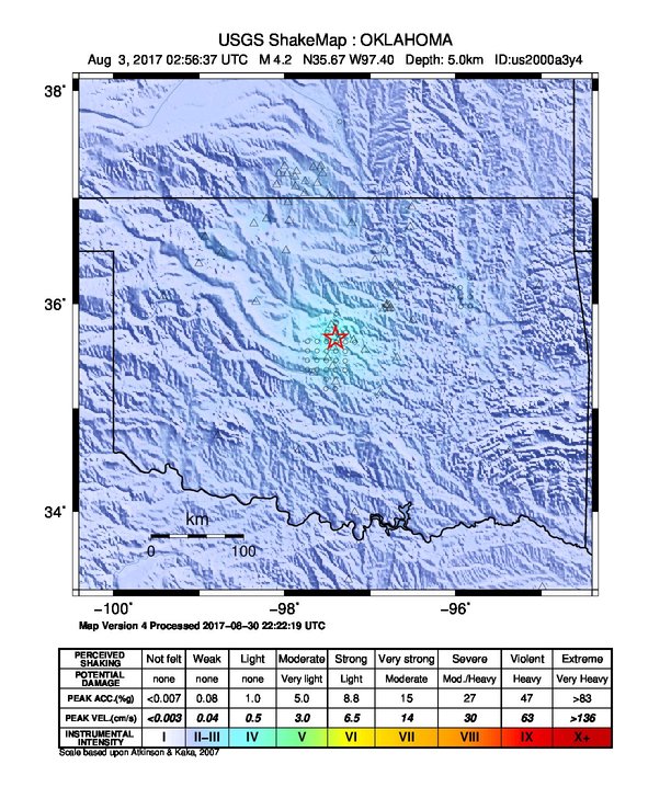 USGS ShakeMap: estimated shaking intensity around the epicenter