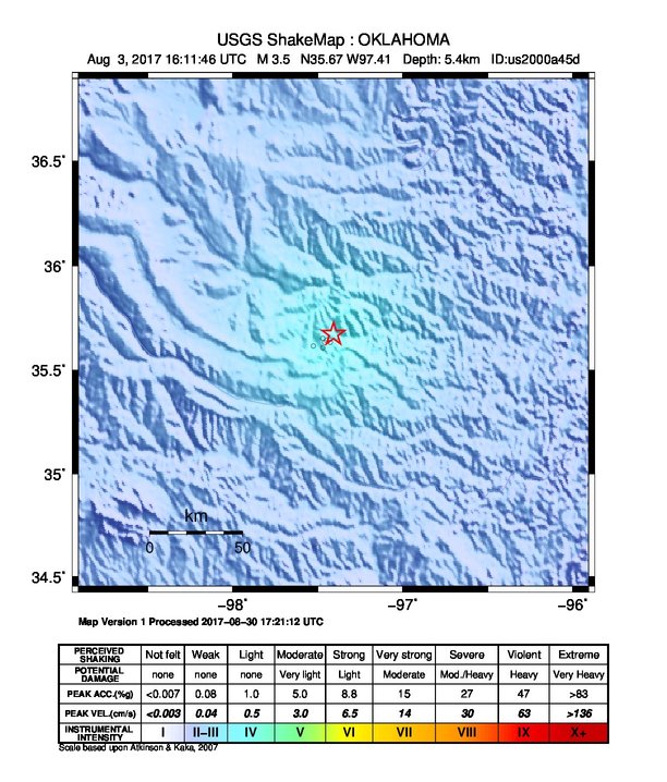 USGS ShakeMap: estimated shaking intensity around the epicenter