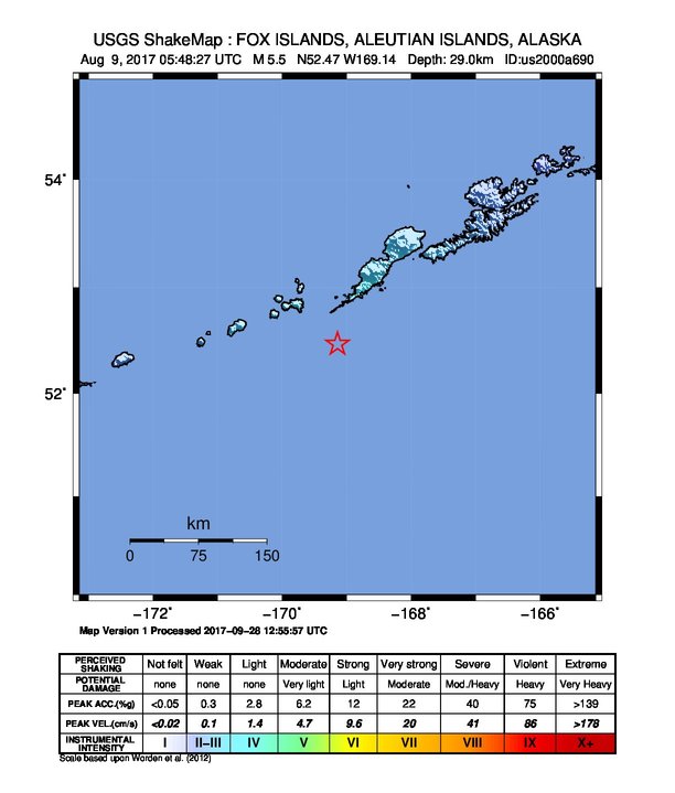 USGS ShakeMap: estimated shaking intensity around the epicenter