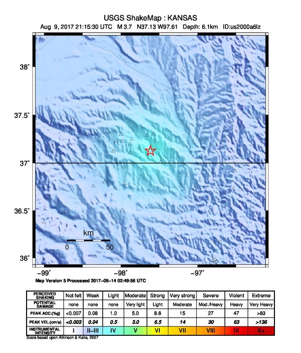 USGS ShakeMap: estimated shaking intensity around the epicenter