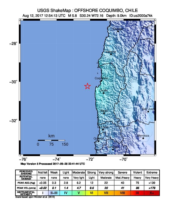 USGS ShakeMap: estimated shaking intensity around the epicenter