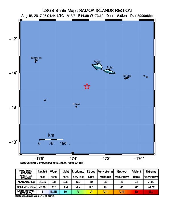 USGS ShakeMap: estimated shaking intensity around the epicenter