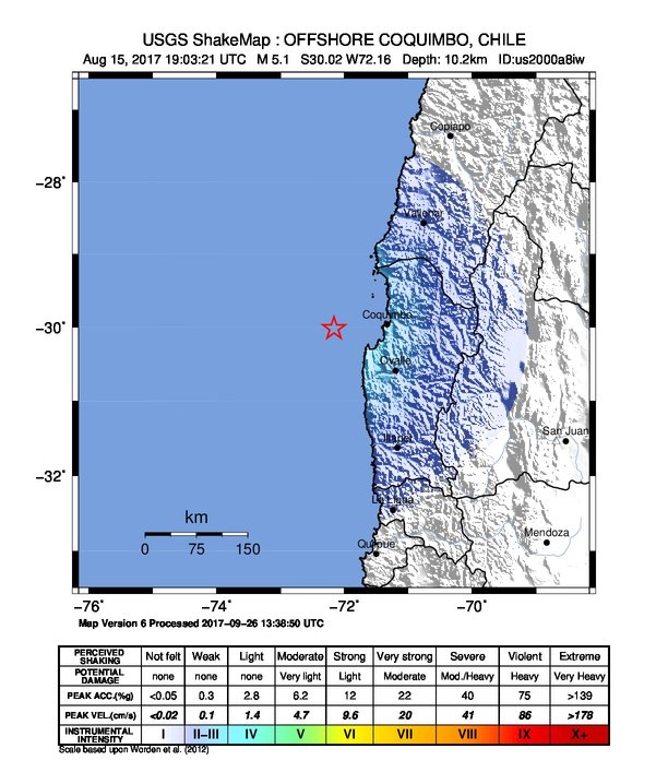 USGS ShakeMap: estimated shaking intensity around the epicenter