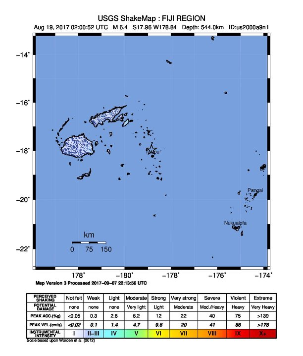 USGS ShakeMap: estimated shaking intensity around the epicenter