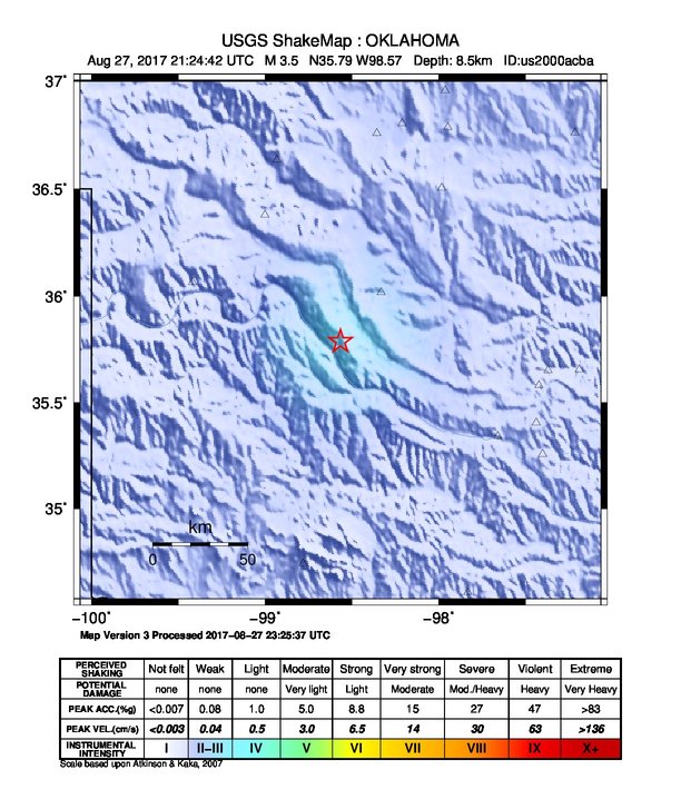 USGS ShakeMap: estimated shaking intensity around the epicenter