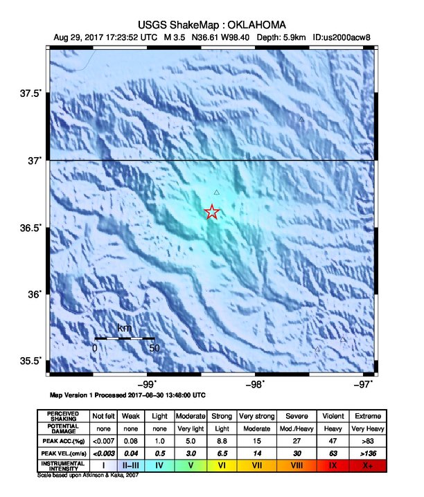 USGS ShakeMap: estimated shaking intensity around the epicenter