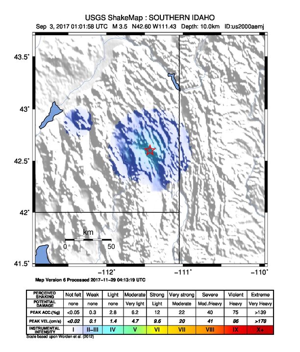 USGS ShakeMap: estimated shaking intensity around the epicenter