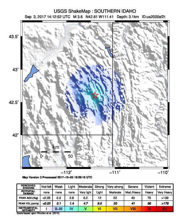 USGS ShakeMap: estimated shaking intensity around the epicenter