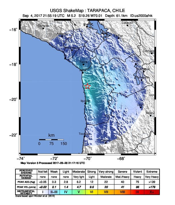 USGS ShakeMap: estimated shaking intensity around the epicenter