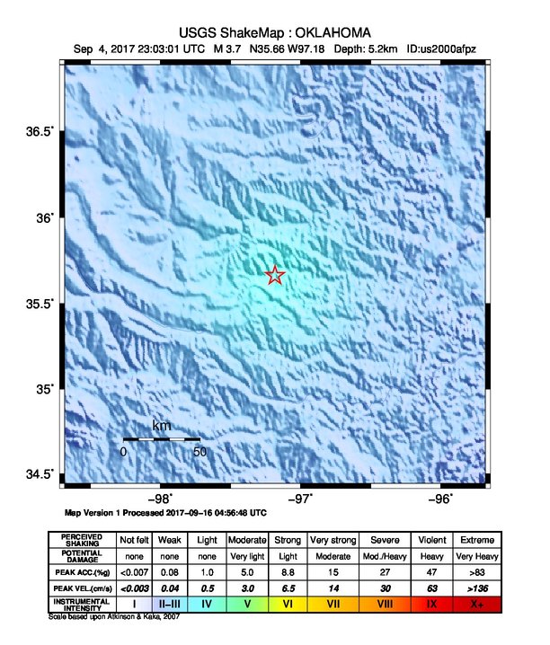 USGS ShakeMap: estimated shaking intensity around the epicenter