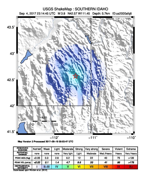 USGS ShakeMap: estimated shaking intensity around the epicenter