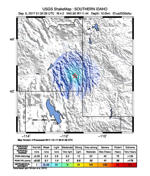 USGS ShakeMap: estimated shaking intensity around the epicenter