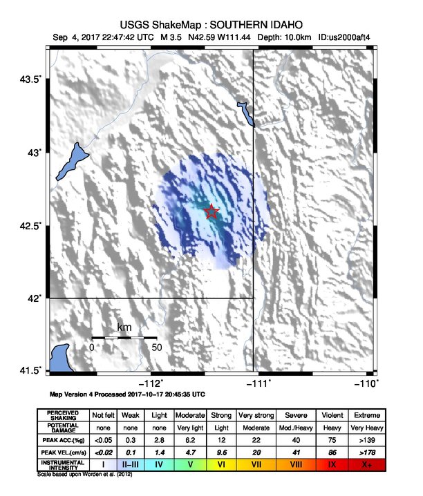 USGS ShakeMap: estimated shaking intensity around the epicenter