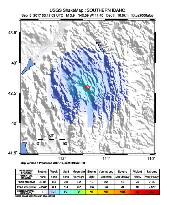 USGS ShakeMap: estimated shaking intensity around the epicenter