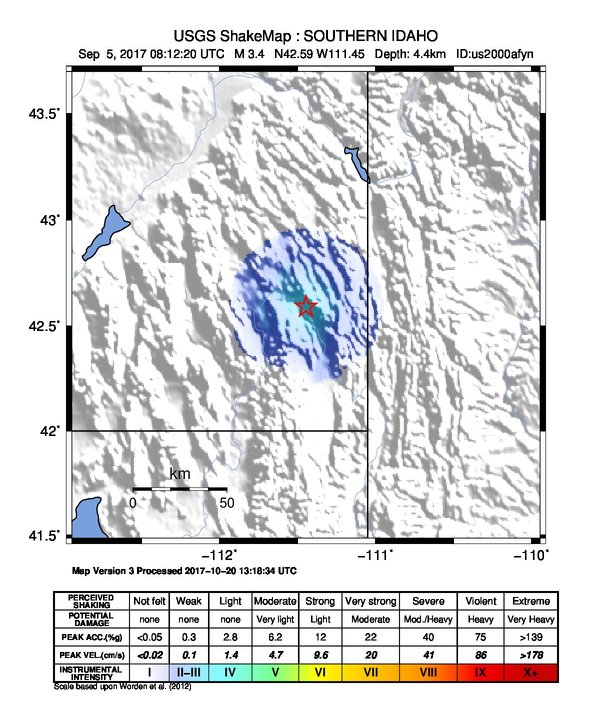 USGS ShakeMap: estimated shaking intensity around the epicenter