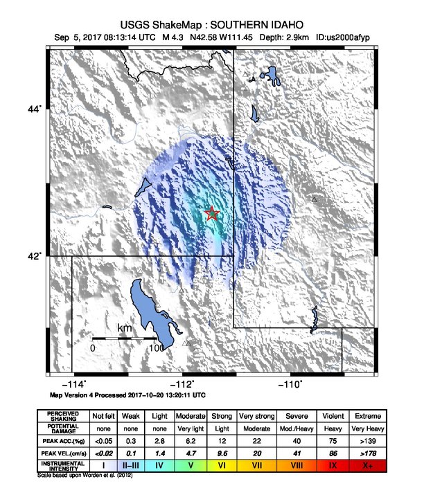 USGS ShakeMap: estimated shaking intensity around the epicenter