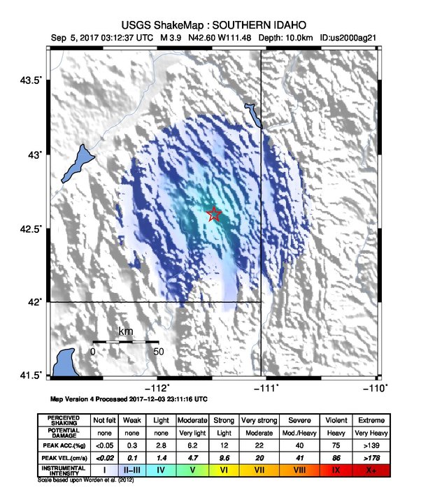 USGS ShakeMap: estimated shaking intensity around the epicenter