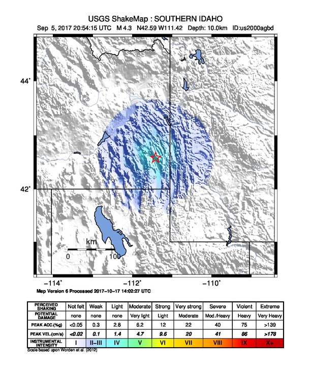 USGS ShakeMap: estimated shaking intensity around the epicenter