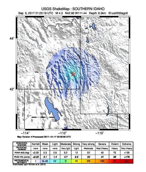 USGS ShakeMap: estimated shaking intensity around the epicenter