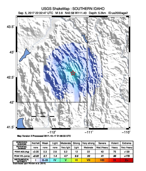 USGS ShakeMap: estimated shaking intensity around the epicenter
