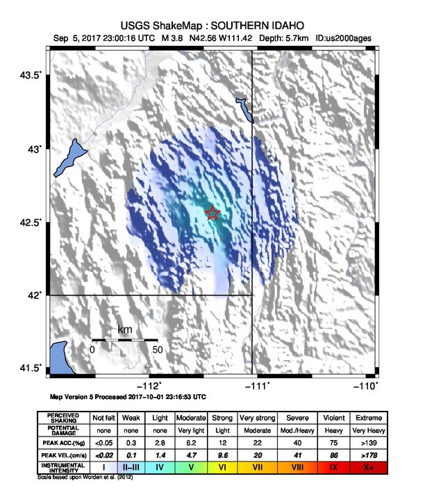 USGS ShakeMap: estimated shaking intensity around the epicenter