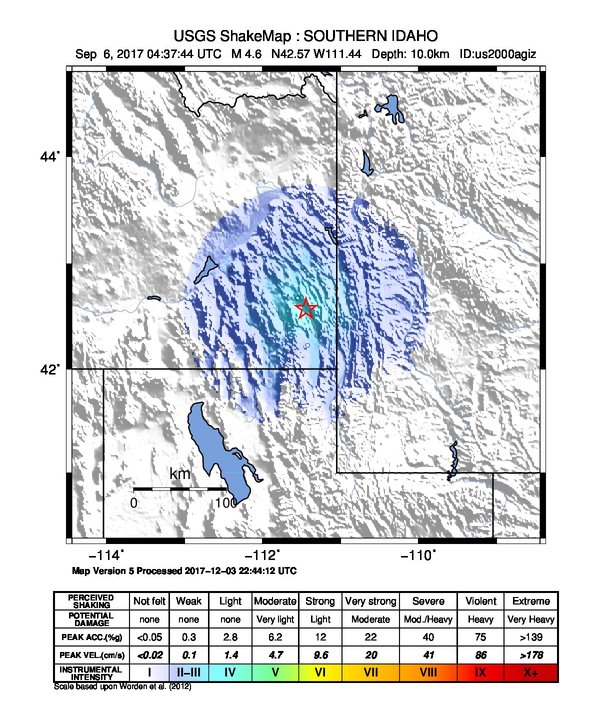 USGS ShakeMap: estimated shaking intensity around the epicenter