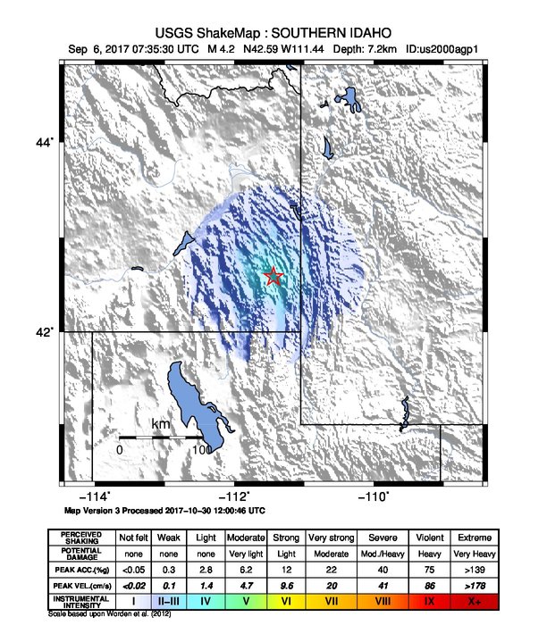 USGS ShakeMap: estimated shaking intensity around the epicenter
