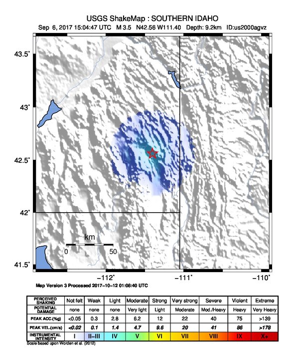 USGS ShakeMap: estimated shaking intensity around the epicenter