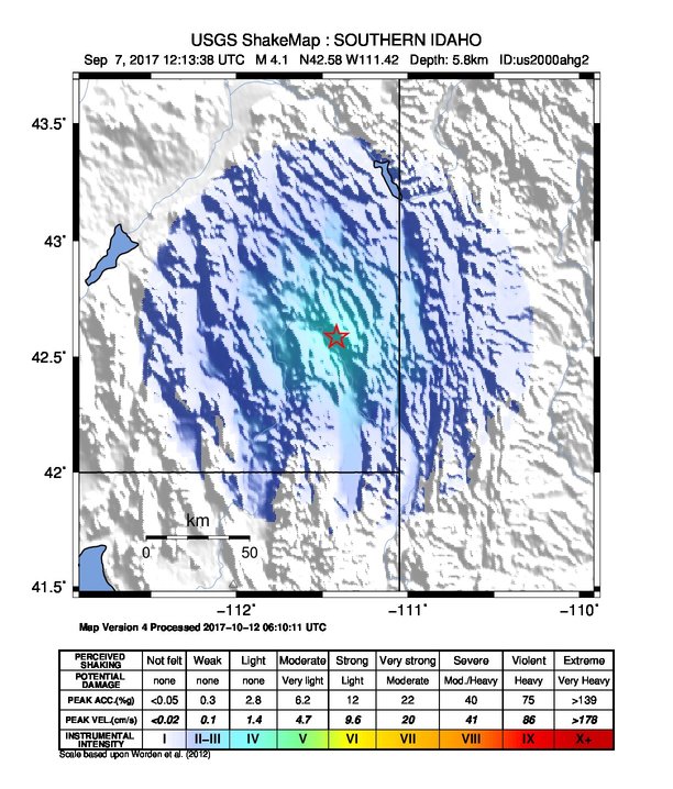 USGS ShakeMap: estimated shaking intensity around the epicenter