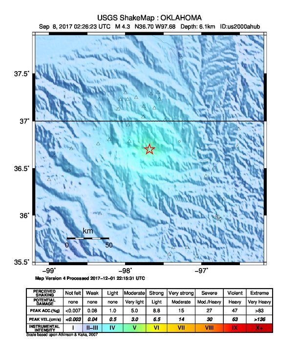 USGS ShakeMap: estimated shaking intensity around the epicenter